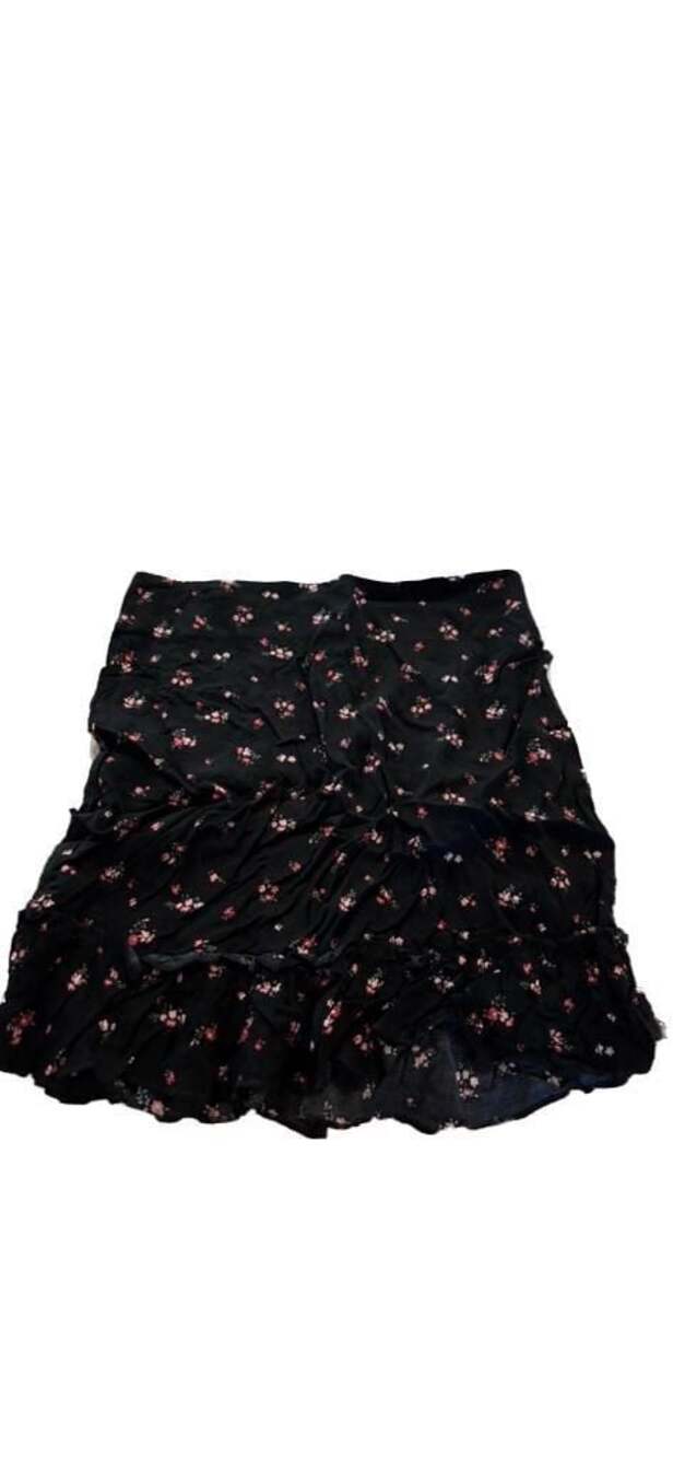 White Fawn Black Floral Print Ruffle Hem Mini Skirt